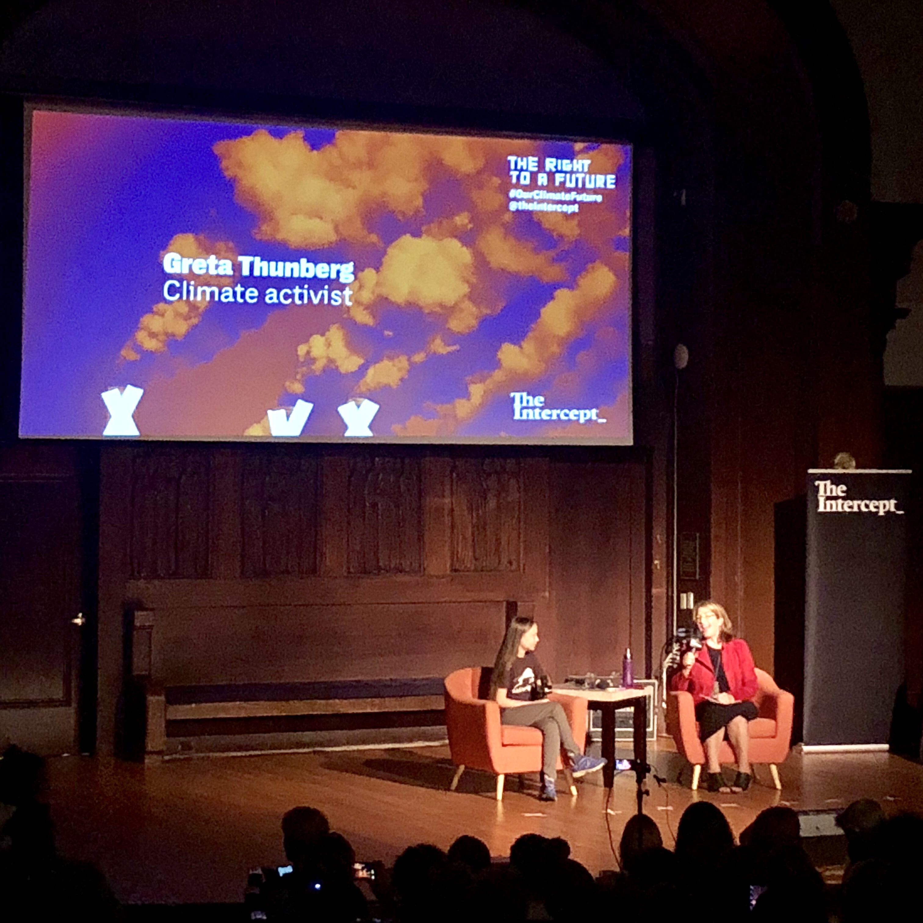 Greta Thunberg and Naomi Klein on the stage